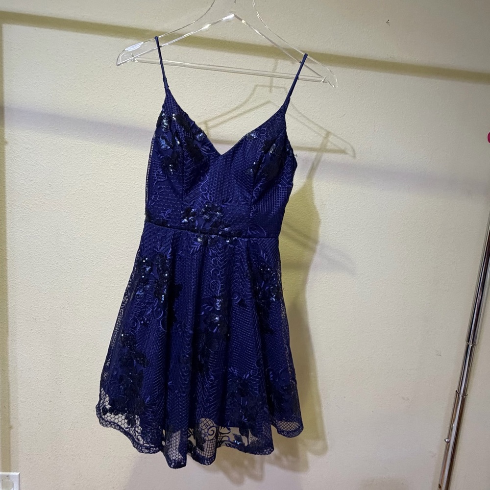 City Studio Deep Blue Dress with Black Sequin and Lace Overlay - Picture 2 of 7